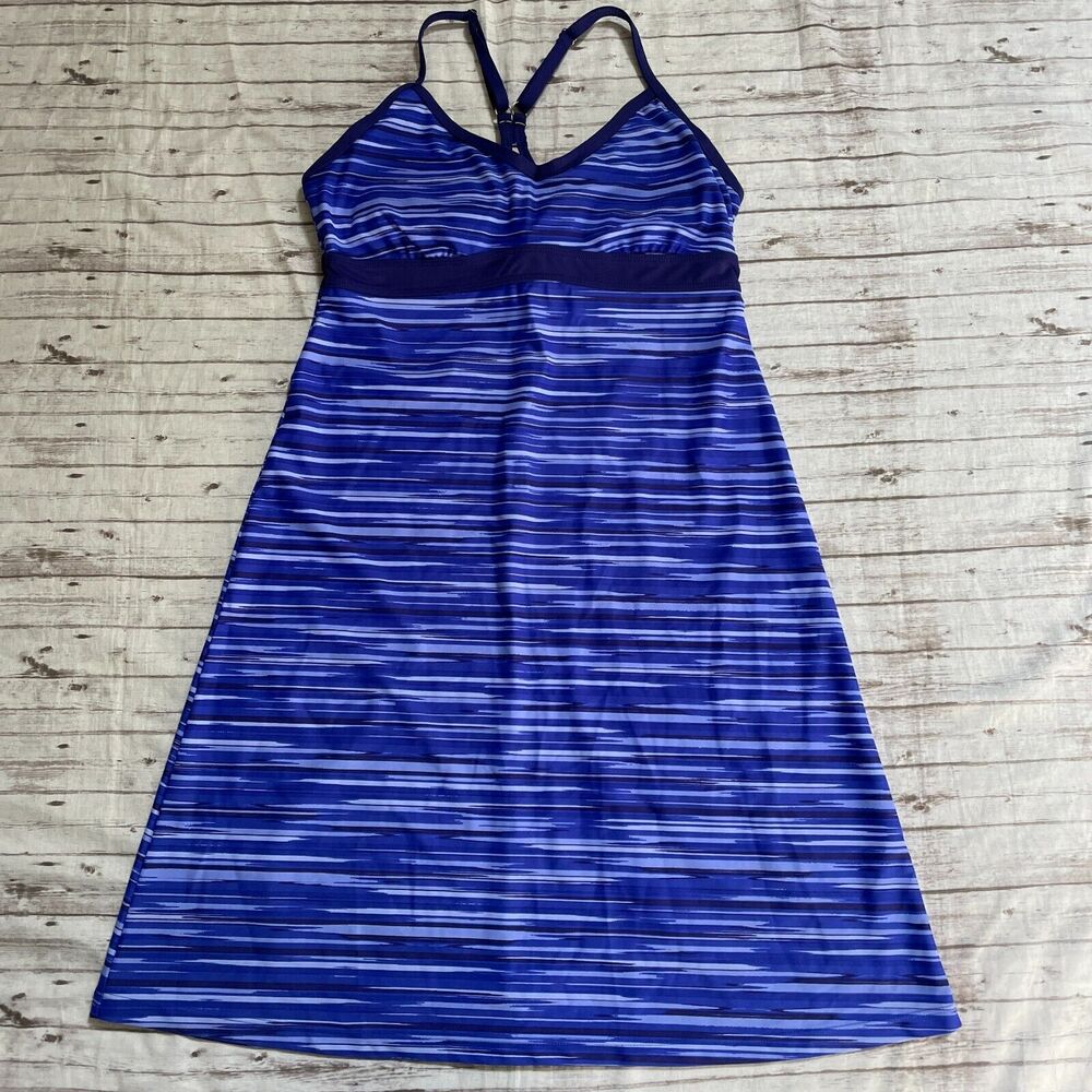 Athleta Womens Shorebreak Swim Dress Blue Sleeveless Sz Small Striped Racerback